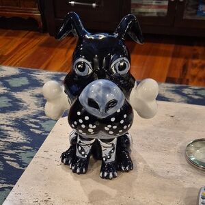 Mexican Ceramic Dog Figurine with Bones - Black and White